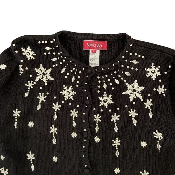 Christmas Cardigan Button Up Sweater Pearls Beads Embroidery Snowflakes Womens S - Picture 4 of 8